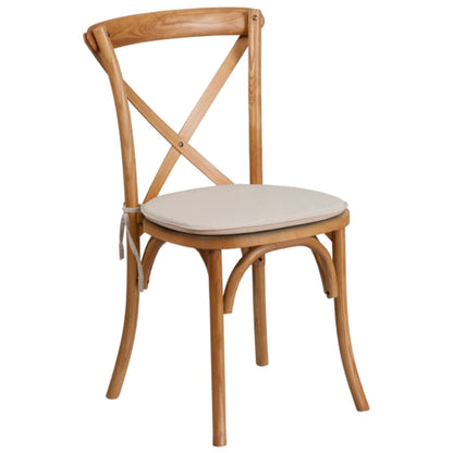 Wood cross back dining chair in pecan finish with upholstered cushion, lightweight and stackable for event seating.