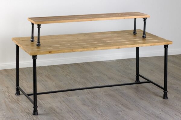 Vintage Standard Display Table with pine wood tabletop and freestanding metal base, available in Black, White, or Distressed Pine.