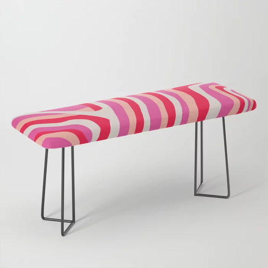 Pink Zebra Stripes Bench by Sunshine Canteen with black steel legs – retro boho-inspired vegan leather bench perfect for restaurant lounges, boutique hotels, and modern café interiors