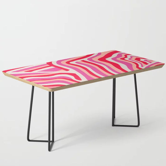 Pink Zebra Stripes Coffee Table by Sunshine Canteen with black steel legs – colorful boho-inspired table perfect for restaurant lounges, boutique hotels, and artistic café interiors