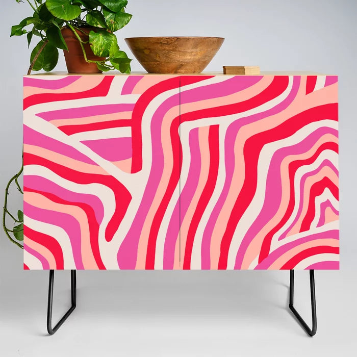 Pink Zebra Stripes Condiment Bar by Sunshine Canteen with black steel legs – bold retro-inspired birch cabinet ideal for restaurant condiment areas, hotel lounges, and stylish cafés