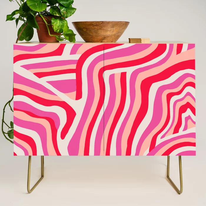 Pink Zebra Stripes Condiment Bar by Sunshine Canteen with gold steel legs – abstract pink pattern on birch perfect for hotel breakfast stations, modern cafés, and boutique restaurants