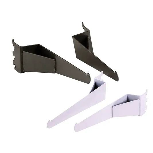 Image showing Pipeline shelf brackets in black and white finishes, displayed side by side to highlight color options and industrial metal construction.