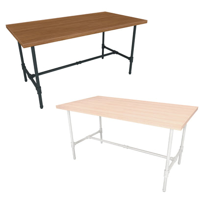 Angled view of the industrial pipe table showing the pipe frame construction and customizable tabletop finishes suitable for product merchandising in commercial environments.