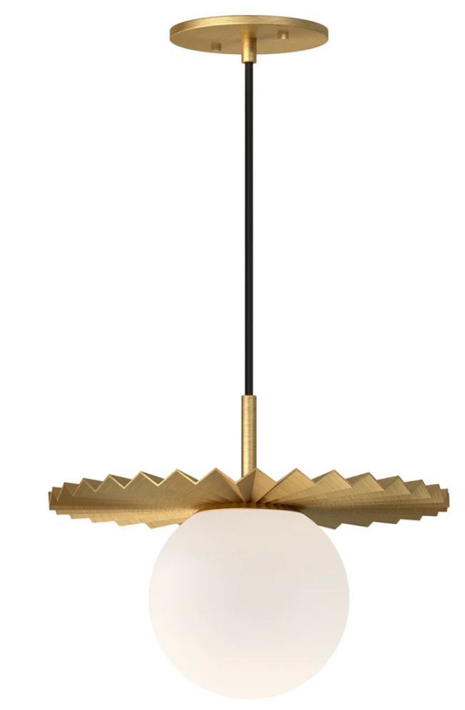 Plume pendant light in a gold finish with a pleated decorative disk and opal matte glass globe, offering a high-fashion statement for contemporary hospitality spaces.