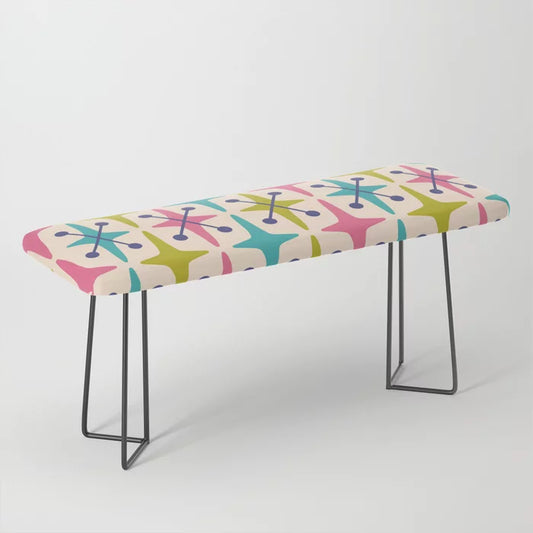 Populuxe Pink Green and Blue Bench by Tony Magner with black steel legs – mid-century modern starburst design bench ideal for restaurant lounges, boutique hotels, and retro café interiors