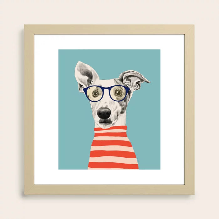 Portrait of a Greyhound Dog II Art Print by El buen limon in natural maple frame, contemporary wall art perfect for cafés, restaurants, and hotel interiors.