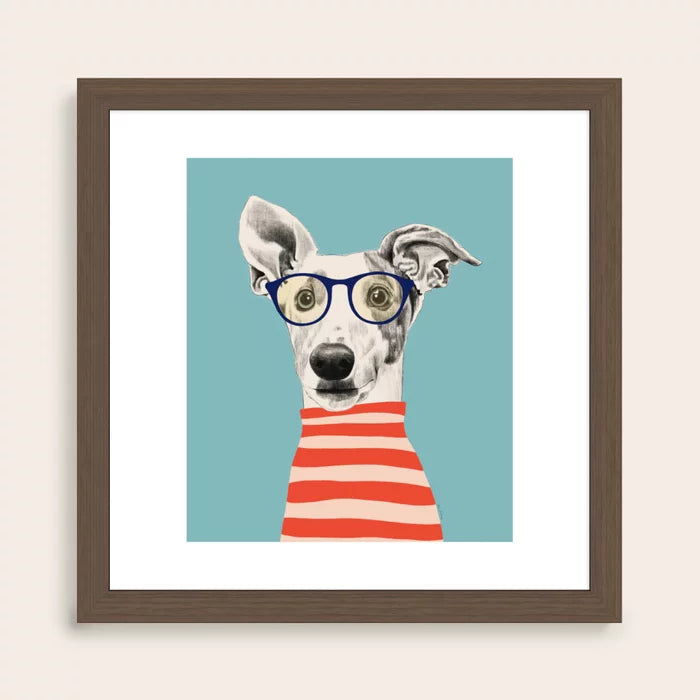 Portrait of a Greyhound Dog II Art Print by El buen limon in walnut wood frame, warm-toned wall décor ideal for restaurant dining rooms and boutique hotels.