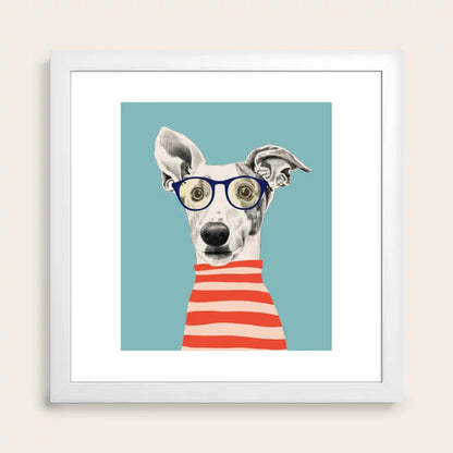 Portrait of a Greyhound Dog II Art Print by El buen limon in white frame, minimalist and refined artwork for hotel lobbies, coffee houses, and dining spaces.