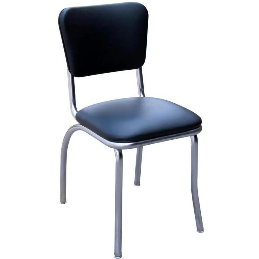 Front view of black retro pulled-seat diner chair with chrome frame for restaurants and lounges.

Black – Side View