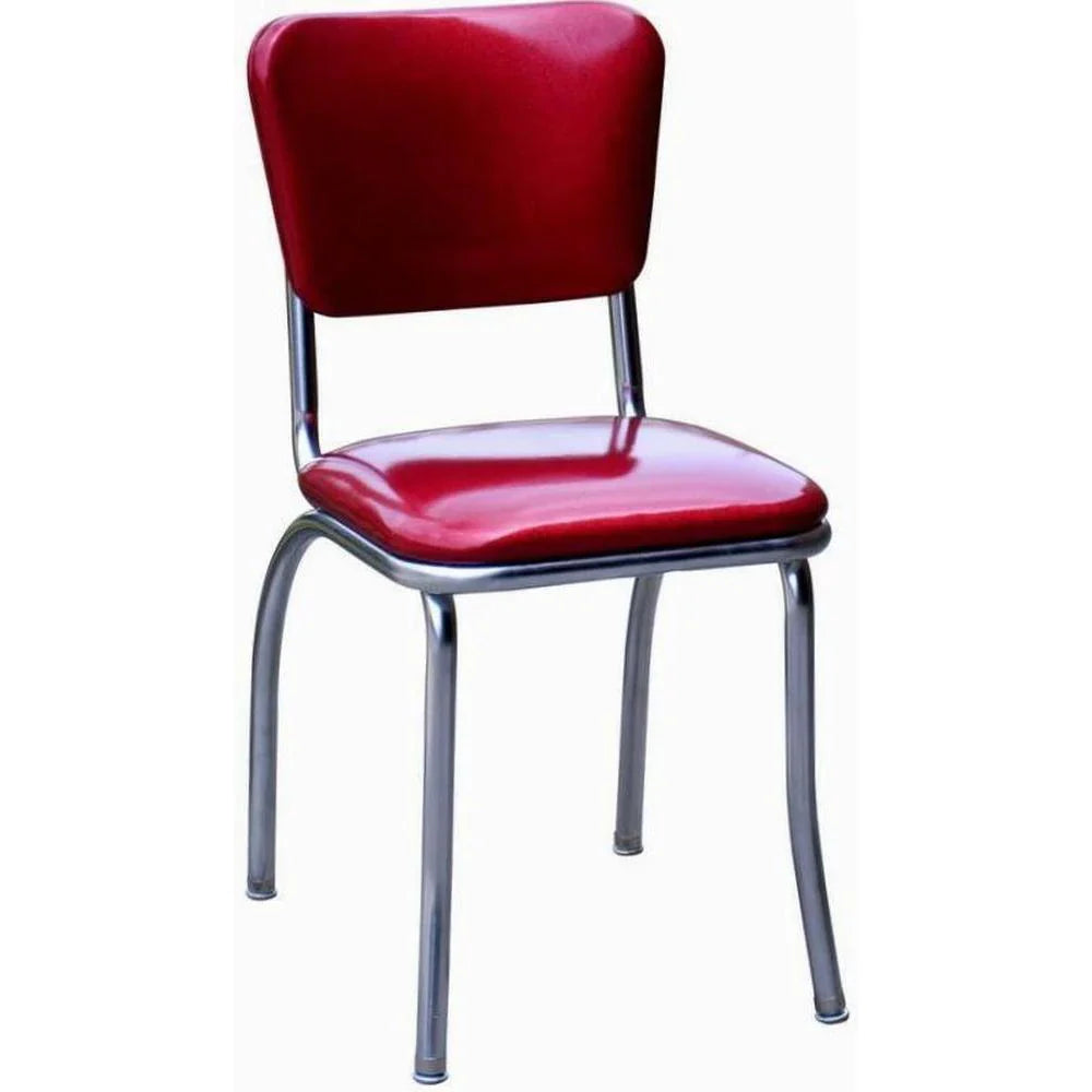 Front view of burgundy pulled-seat chrome diner chair ideal for retro-themed restaurants and cafés.