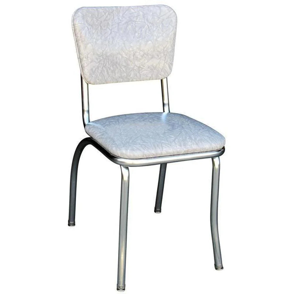 Front view of cracked ice grey pulled-seat diner chair with chrome frame for cafés and bars.
