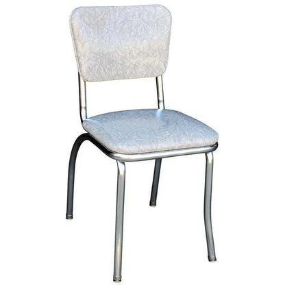Front view of cracked ice grey pulled-seat diner chair with chrome frame for cafés and bars.