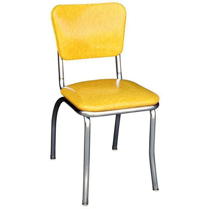 Front view of cracked ice yellow pulled-seat retro diner chair with chrome frame for restaurants and cafés.