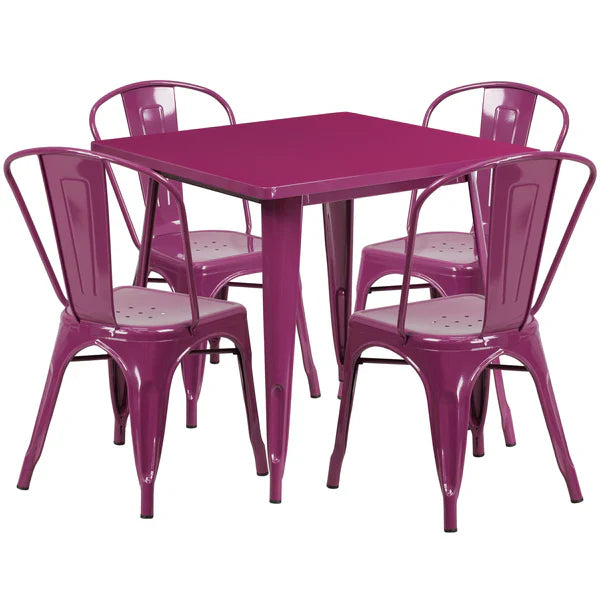 Purple metal restaurant dining set with stack chairs for bars, cafés, and outdoor patios