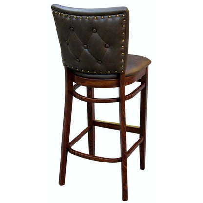 Quincy bar stool with beech wood frame, diamond-tufted upholstered back, nail head trim, and a pulled wood seat, shown in a customizable finish.