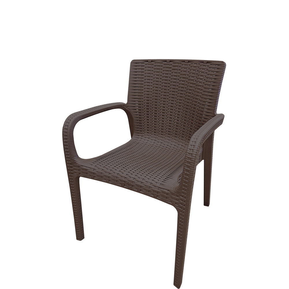 Front view of Rainier outdoor armchair in café brown finish, all-weather polypropylene resin, rattan design, stackable indoor-outdoor chair 31.5" high.