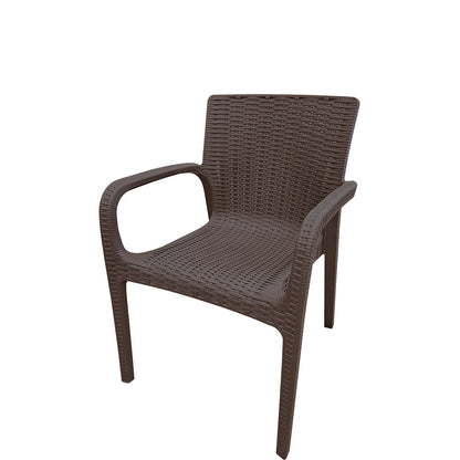 Front view of Rainier outdoor armchair in café brown finish, all-weather polypropylene resin, rattan design, stackable indoor-outdoor chair 31.5" high.