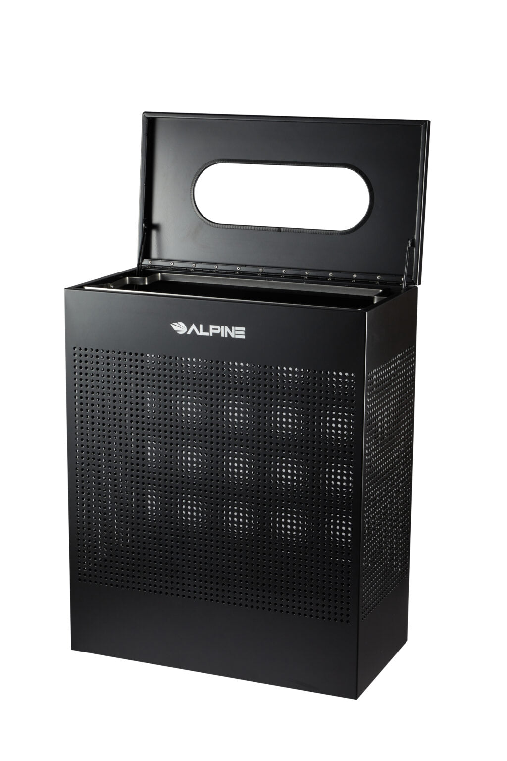 Rectangular perforated waste bin 23-gallon black finish with hinged lid and steel body interior view