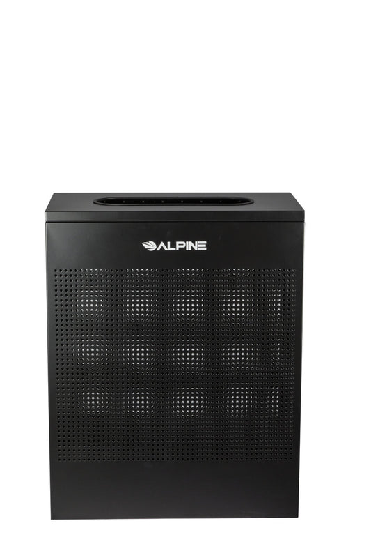 Rectangular perforated waste bin 23-gallon black finish with hinged lid and steel body