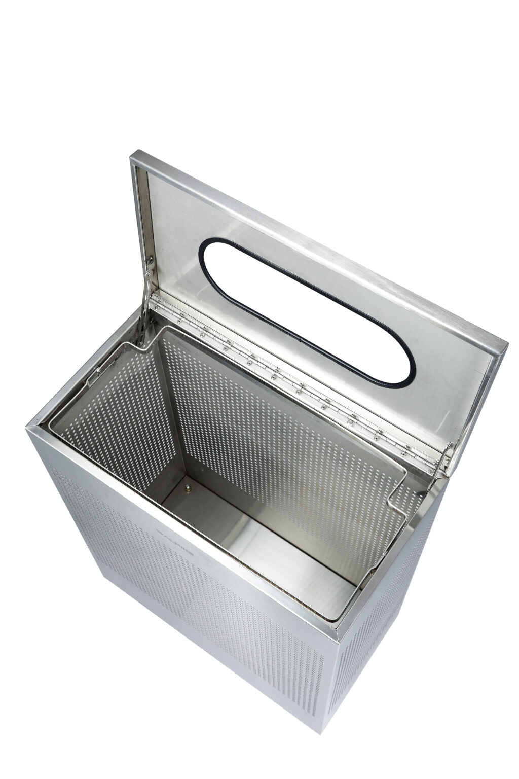 23-gallon rectangular steel trash receptacle with perforated sides and adjustable legs interior view