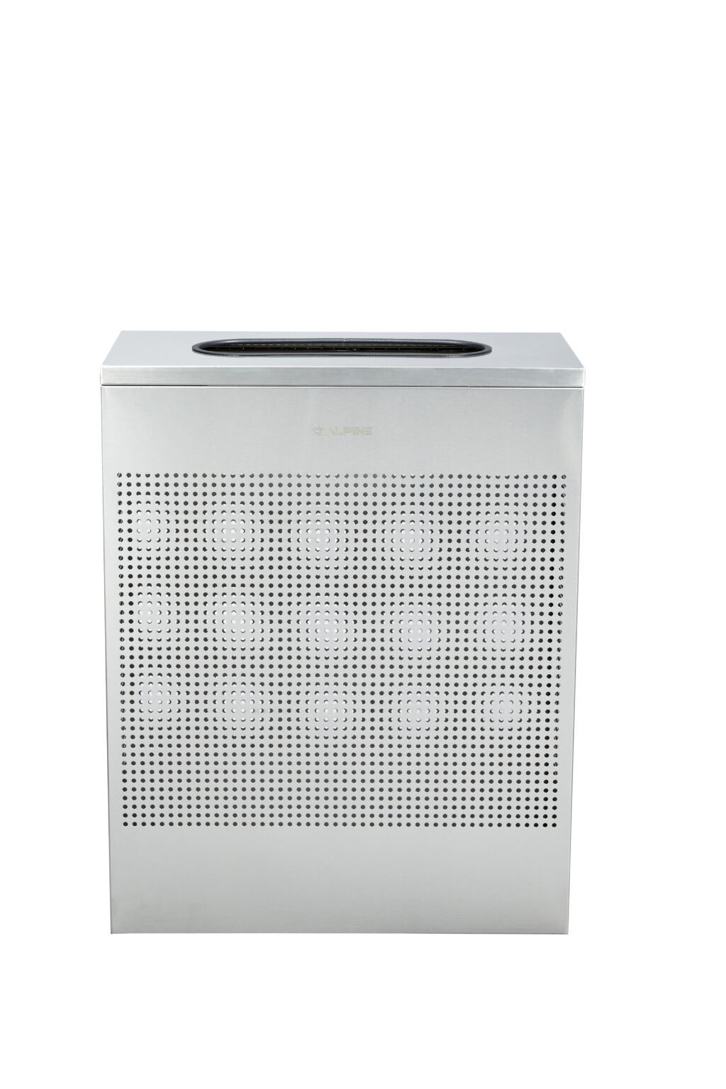 23-gallon rectangular steel trash receptacle with perforated sides and adjustable legs