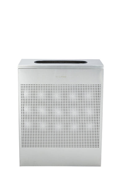23-gallon rectangular steel trash receptacle with perforated sides and adjustable legs