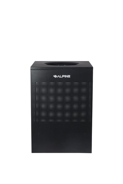 Rectangular perforated waste bin 40-gallon black finish with hinged lid and steel body