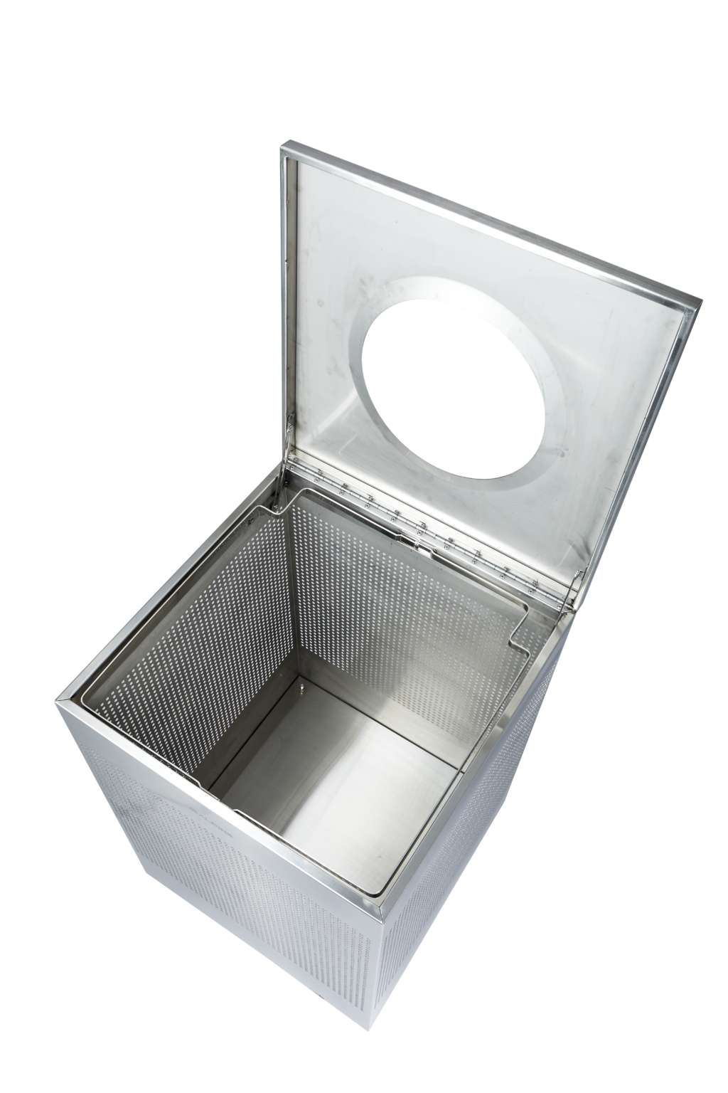 Rectangular Perforated Waste Bin – 23 & 40 Gallon Steel Trash Receptacle with Hinged Lid and Adjustable Legs