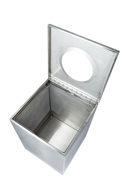 Rectangular Perforated Waste Bin – 23 & 40 Gallon Steel Trash Receptacle with Hinged Lid and Adjustable Legs
