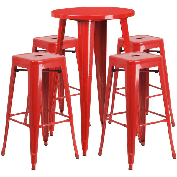 Red metal bar table set with four backless stools for restaurants and cafés