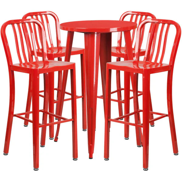 Red metal bar-height table set with four slat back stools for restaurants and cafés