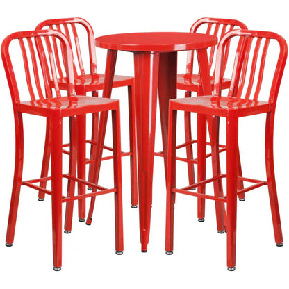 Red metal bar-height table set with four slat back stools for restaurants and cafés