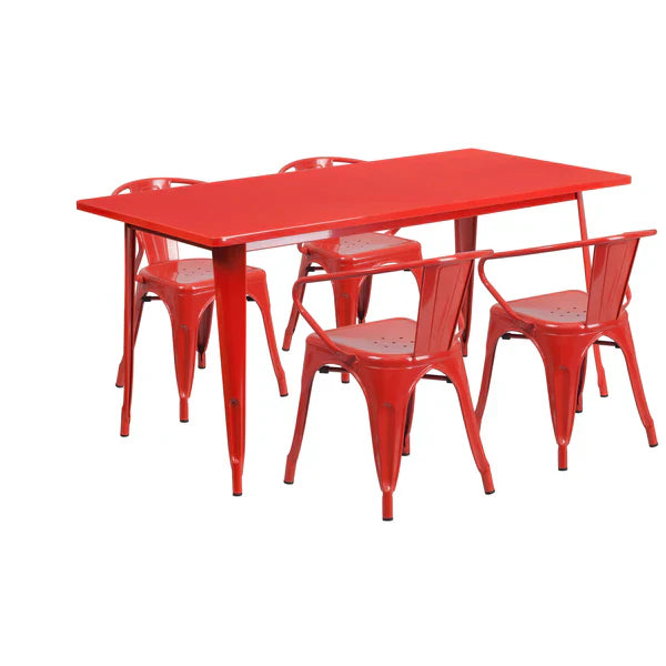 Red rectangular metal dining table set with arm chairs for restaurant patios and hotel cafés