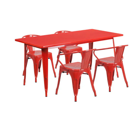 Red rectangular metal dining table set with arm chairs for restaurant patios and hotel cafés