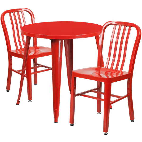 Red metal round dining table set with two slat back chairs for restaurants and cafés