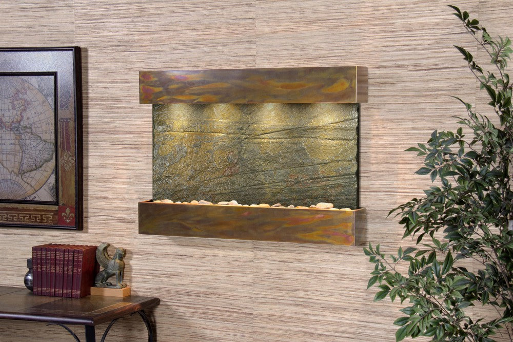 Reflection Creek Wall-Mounted Water Fountain – 38x27 horizontal indoor waterfall with LED lighting, designed for restaurants, hotels, and cafés