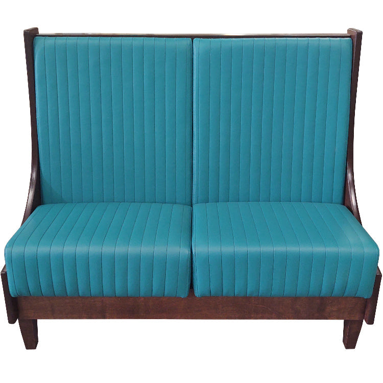 Commercial wood booth with sculpted seat and tapered legs