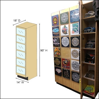 Tall t-shirt cabinet with acrylic display boxes mounted on the door and interior shelving for storage.