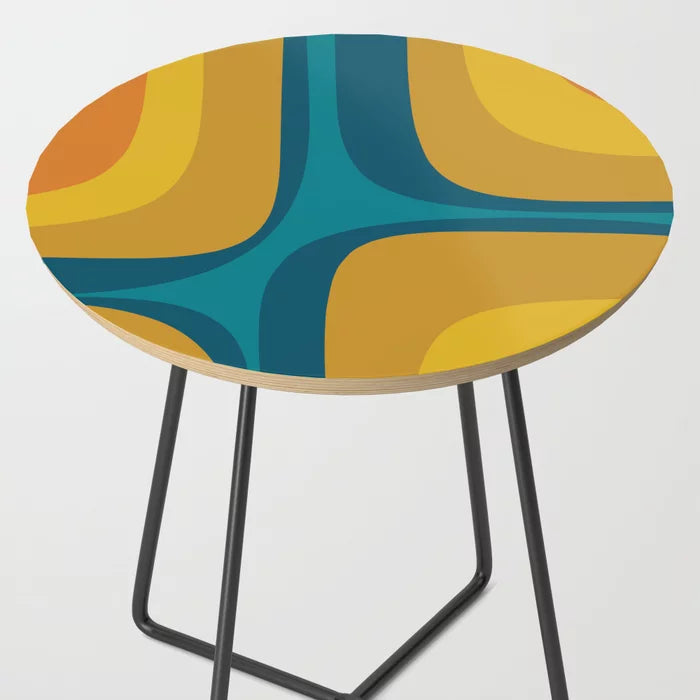 Retro Groove Mustard Teal Side Table by Kierkegaard Design Studio with black steel legs – mid-century modern abstract design perfect for boutique hotels, contemporary restaurants, and artistic cafés