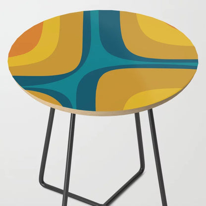 Retro Groove Mustard Teal Side Table by Kierkegaard Design Studio with black steel legs – mid-century modern abstract design perfect for boutique hotels, contemporary restaurants, and artistic cafés