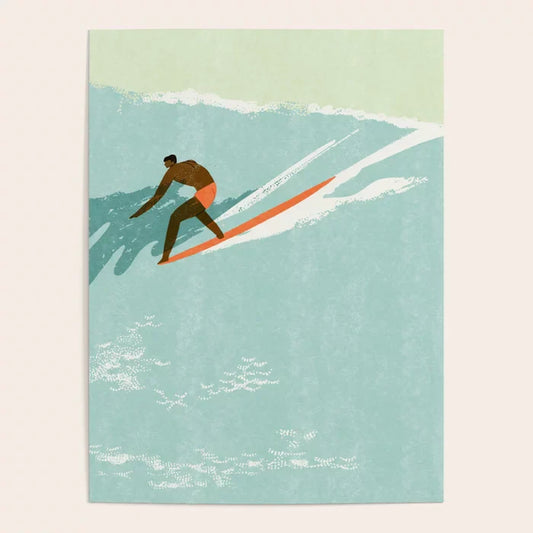 Riding Giants Poster by Tasiania featuring bold surf art design with ocean waves and surfers printed on high-quality gloss paper