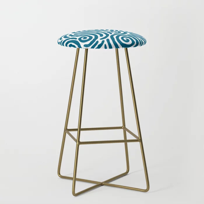 Ripple Effect Pattern Peacock Blue Bar Stool by Tony Magner with gold steel legs – mid-century modern vegan leather seating for hotel bars, restaurants, and cafés