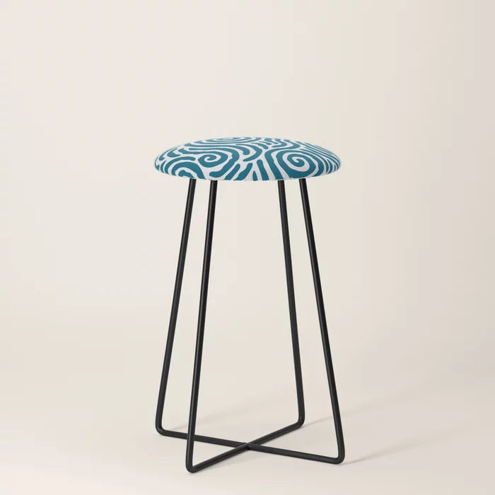 Ripple Effect Pattern Peacock Blue Counter Stool by Tony Magner with black steel legs – artistic seating for hotels, restaurants, and cafés with a mid-century aesthetic