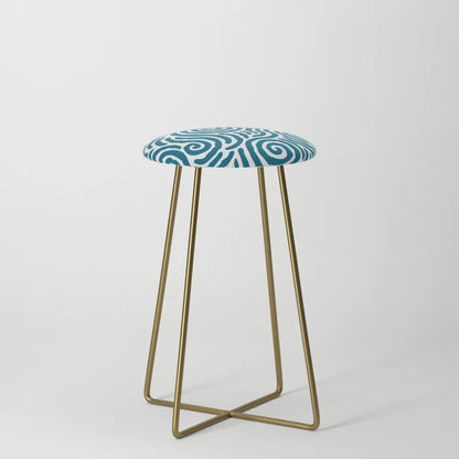 Ripple Effect Pattern Peacock Blue Counter Stool by Tony Magner with gold steel legs – stylish mid-century stool for hotel dining areas, cafés, and restaurant counters