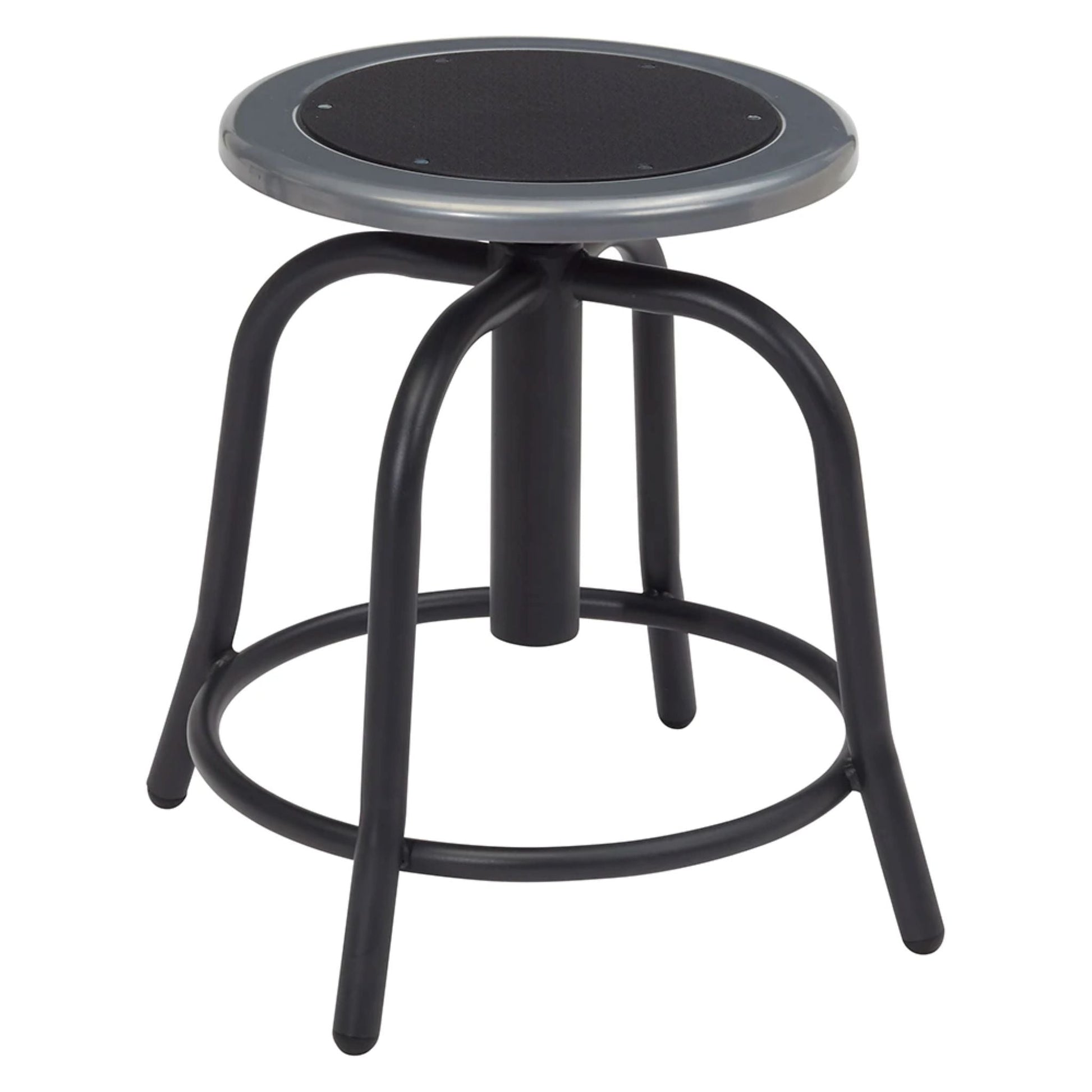 Round adjustable swivel stool with black steel seat, black metal base, and footrest ring for commercial use.