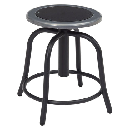 Round adjustable swivel stool with black steel seat, black metal base, and footrest ring for commercial use.