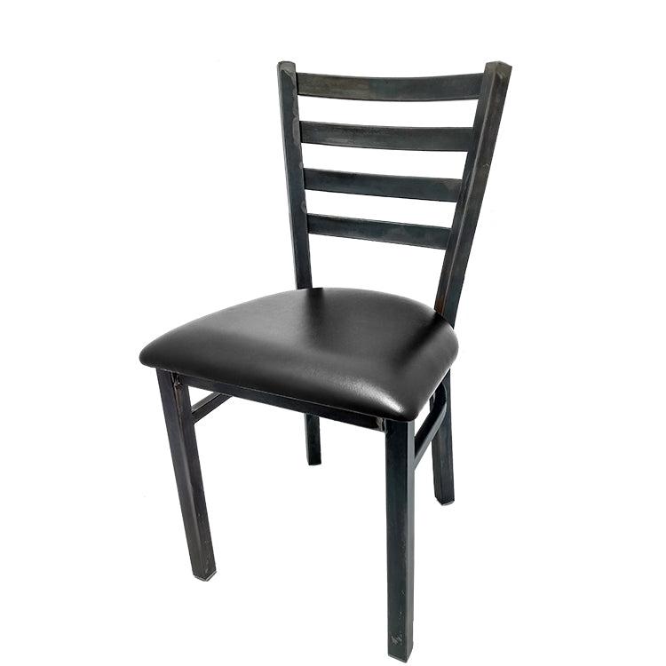 Rustic ladderback metal dining chair with clear coat steel frame and black vinyl seat.