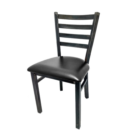Rustic ladderback metal dining chair with clear coat steel frame and black vinyl seat.