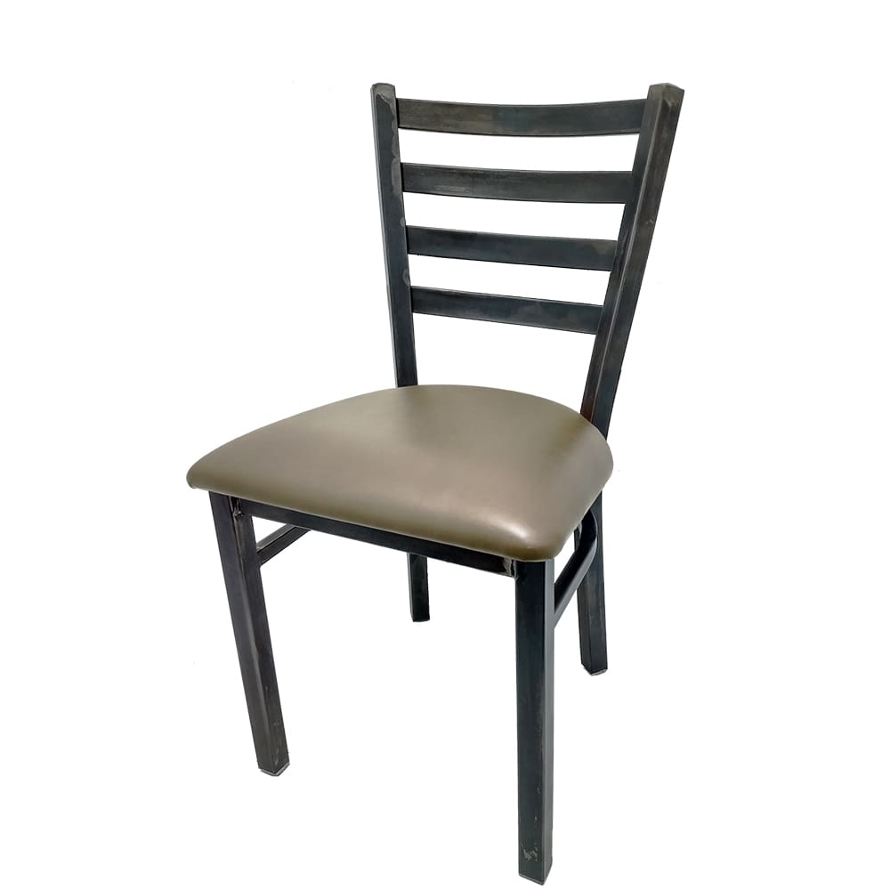 Rustic ladderback metal dining chair with industrial steel frame and gunmetal vinyl seat.